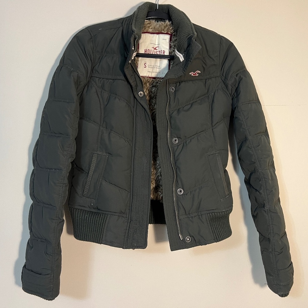 Vintage Y2K Hollister Sherpa Lined Bomber Puffer Jacket Military Green Size S